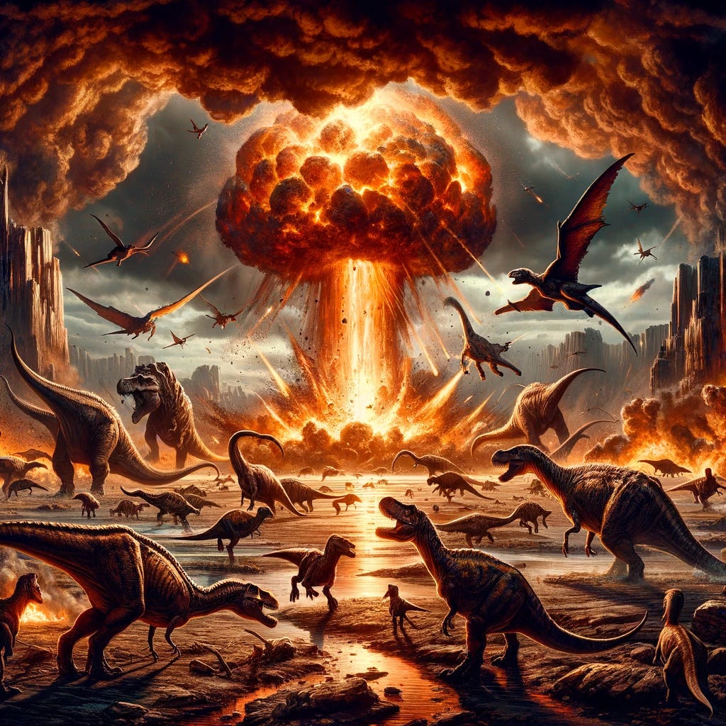 A dramatic illustration depicting the extinction of dinosaurs. The scene shows a chaotic and fiery landscape with a massive meteor striking in the background, creating a huge explosion. Dinosaurs of various types are seen in panic, trying to escape the devastation. The sky is filled with smoke and debris, and the ground is cracking under the impact. This scene captures the intensity and cataclysmic nature of the event that led to the extinction of these magnificent creatures.