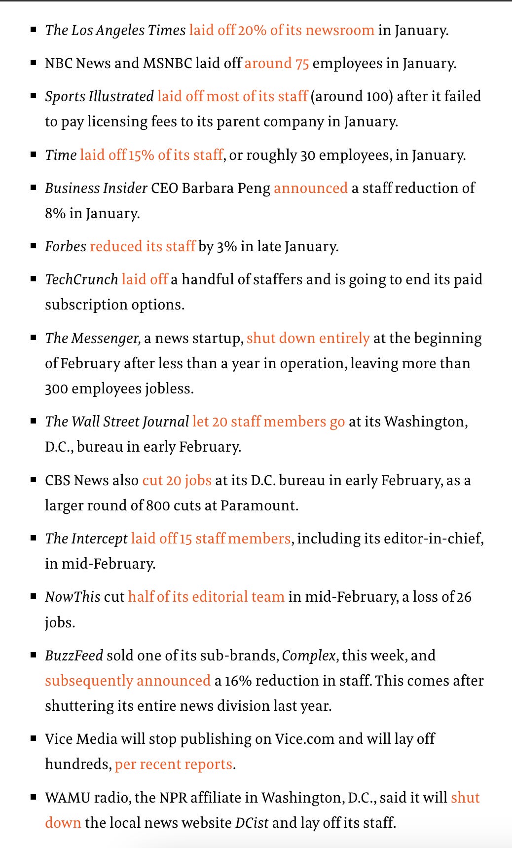 The Los Angeles Times laid off 20% of its newsroom in January. NBC News and MSNBC laid off around 75 employees in January. Sports Illustrated laid off most of its staff (around 100) after it failed to pay licensing fees to its parent company in January. Time laid off 15% of its staff, or roughly 30 employees, in January. Business Insider CEO Barbara Peng announced a staff reduction of 8% in January. Forbes reduced its staff by 3% in late January. TechCrunch laid off a handful of staffers and is going to end its paid subscription options. The Messenger, a news startup, shut down entirely at the beginning of February after less than a year in operation, leaving more than 300 employees jobless. The Wall Street Journal let 20 staff members go at its Washington, D.C., bureau in early February. CBS News also cut 20 jobs at its D.C. bureau in early February, as a larger round of 800 cuts at Paramount. The Intercept laid off 15 staff members, including its editor-in-chief, in mid-February. NowThis cut half of its editorial team in mid-February, a loss of 26 jobs. BuzzFeed sold one of its sub-brands, Complex, this week, and subsequently announced a 16% reduction in staff. This comes after shuttering its entire news division last year. Vice Media will stop publishing on Vice.com and will lay off hundreds, per recent reports. WAMU radio, the NPR affiliate in Washington, D.C., said it will shut down the local news website DCist and lay off its staff.