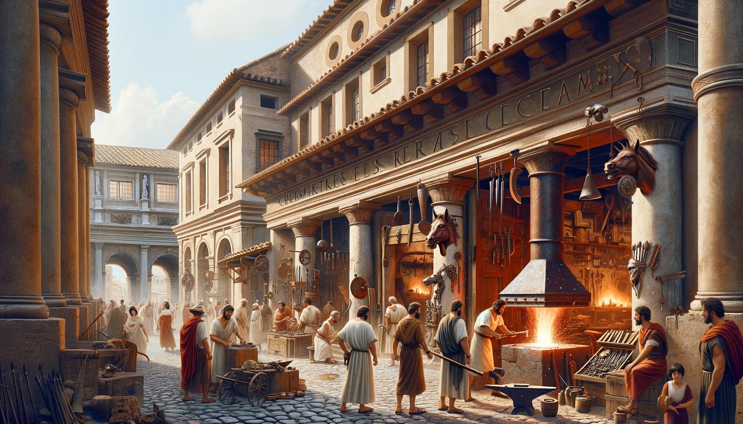 A bustling Roman street outside a large blacksmith shop during the height of the Roman Empire. The scene captures the essence of daily life in ancient Rome with people wearing traditional togas and tunics. Artisans and shoppers crowd the cobblestone street, engaging in trade and conversation. The blacksmith shop stands prominently, with its large wooden doors open to reveal the glowing forge inside. Sparks fly as a blacksmith hammers a piece of metal on an anvil. Various tools, armor pieces, and weapons are displayed outside the shop, showcasing the blacksmith's craftsmanship. The architecture reflects Roman engineering, with columns, arches, and terracotta tiled roofs. The backdrop features a clear blue sky and distant Roman buildings, including a glimpse of the Colosseum.