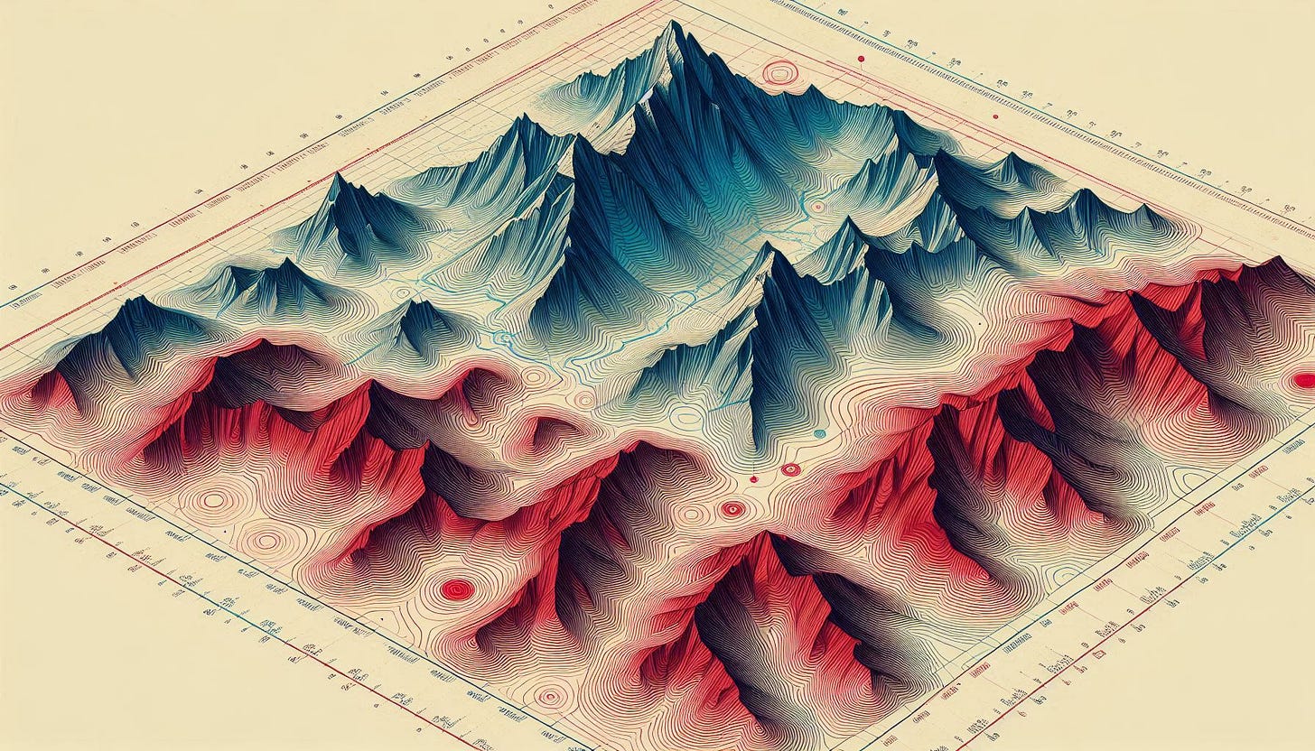 AI generated topographic map in red, white, and blue.