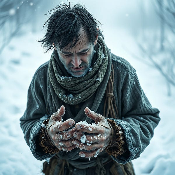 Man looking at frozen hands in the cold.