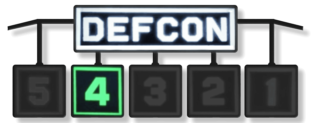 DEFCON 4 sign with 4 lit in green, all other numbers inactive