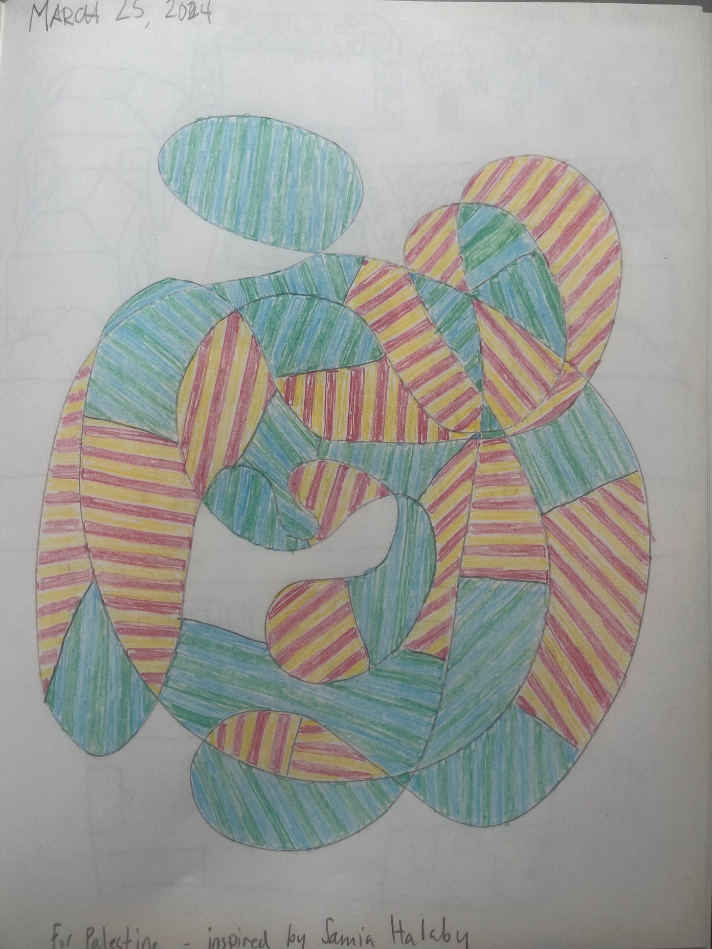 A drawing of swirls crossed with lines, and filled in with alternating colored stripes, some red/yellow and others blue/green.