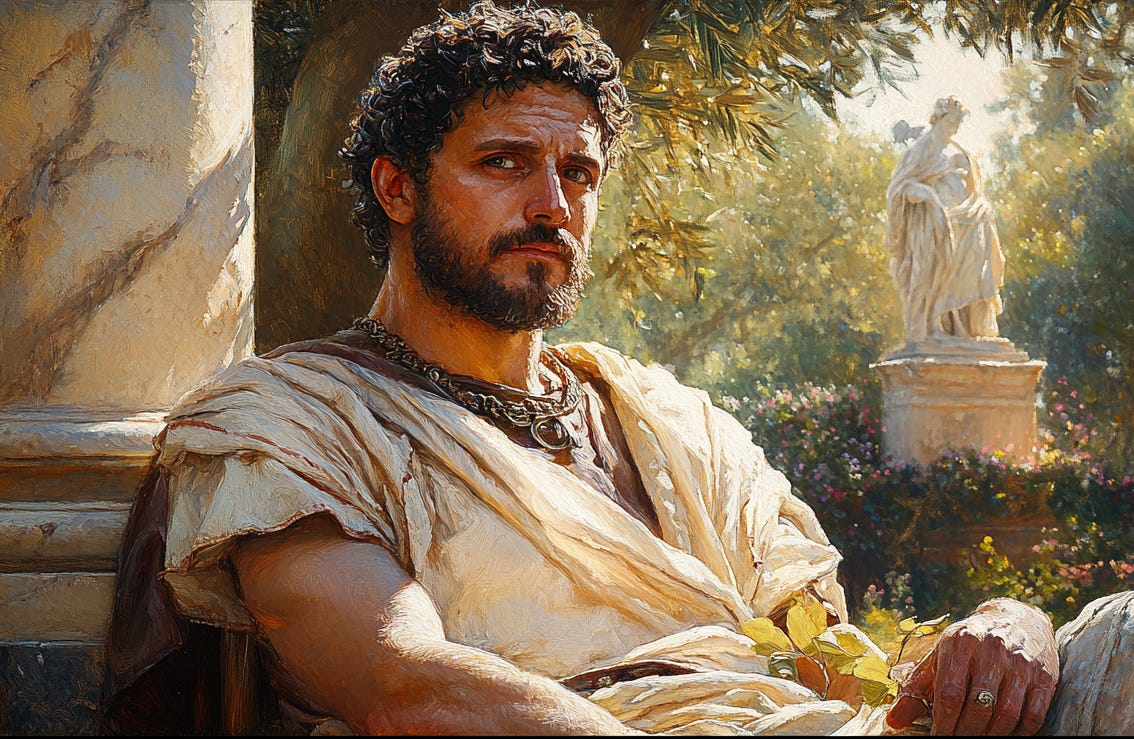 Oil painting-style portrait of a bearded man in ancient Roman attire sitting against a marble column, with a laurel branch in hand, sunlight filtering through olive trees, and a classical statue in the background.