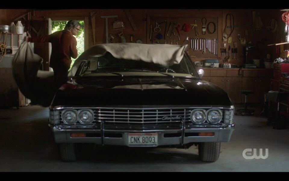 SPN Sam Winchester in garage with baby Impala