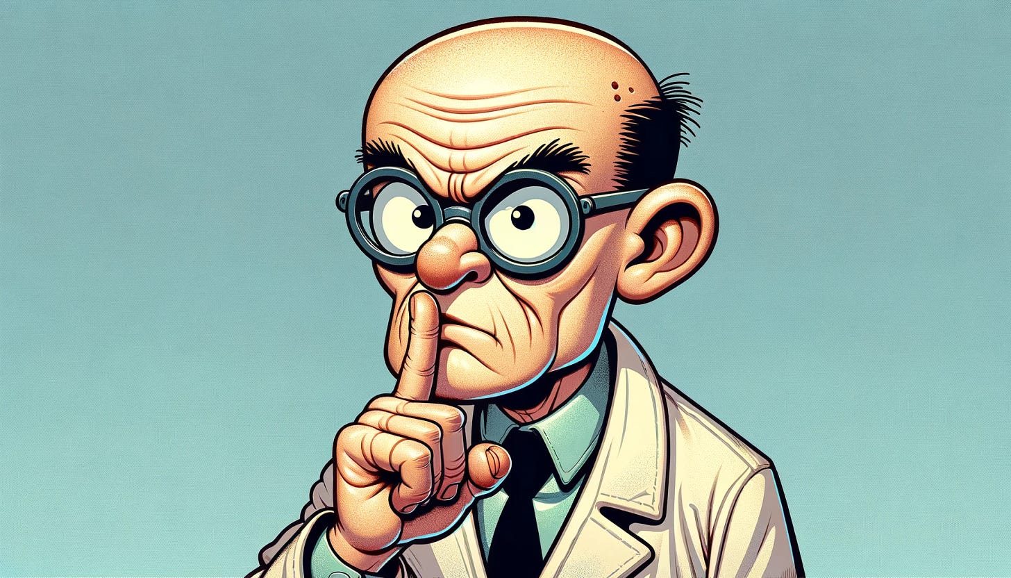 A humorous cartoon in a 16:9 format, depicting a scientist with significantly less hair, putting his index finger to his lips to ask for silence. This scientist has a more distinctive appearance, with a nearly bald head, small, round glasses, and a somewhat wrinkled lab coat to emphasize his eccentric and focused personality. His expression is serious yet slightly comical, highlighting the importance of quiet in his moment of discovery. The background is kept simple and unicolor to ensure the scientist's character and action remain the central focus of the illustration, creating a charming scene that combines humor with the seriousness of scientific work.