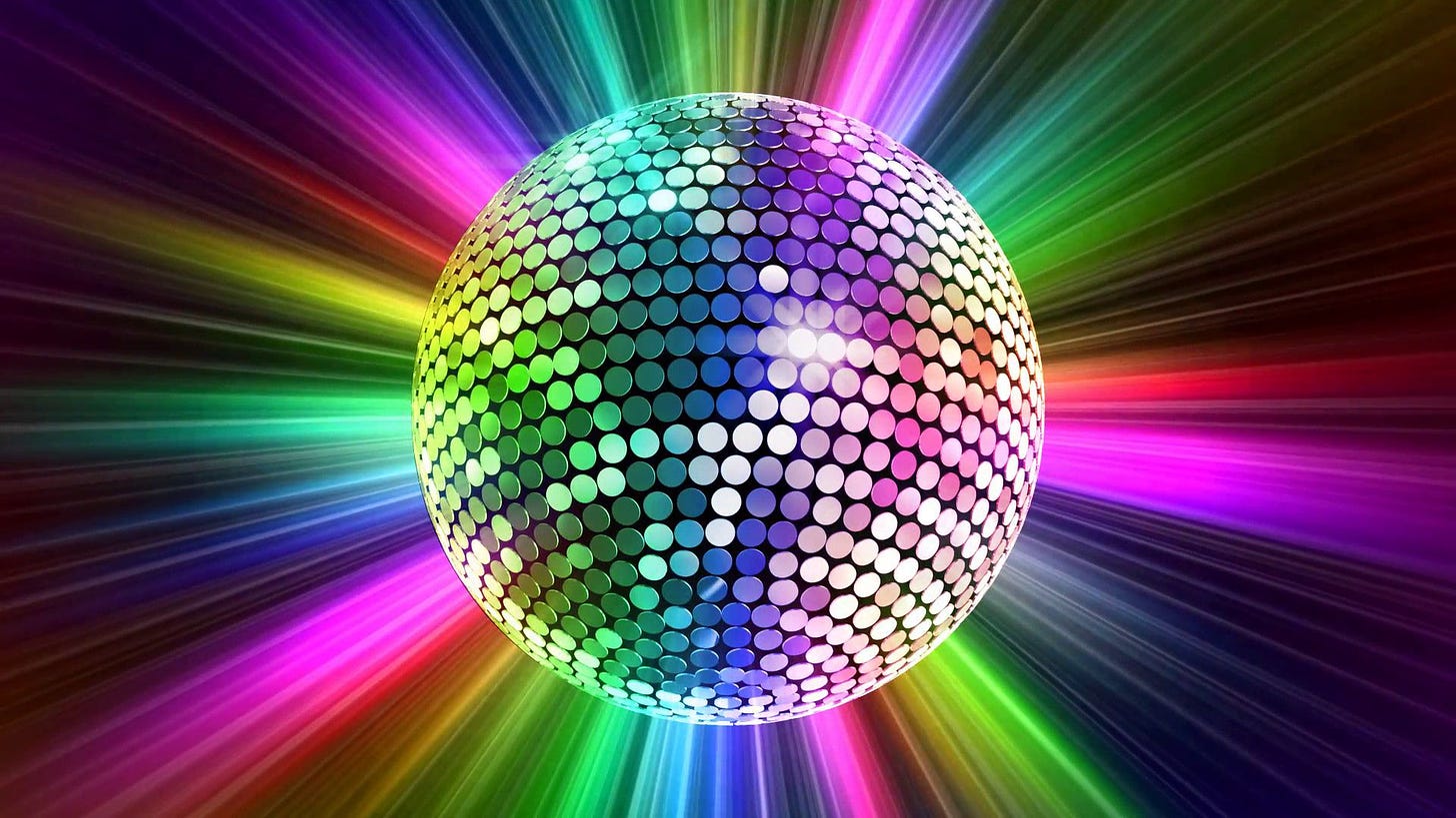 Digital art of a disco ball lit up rainbow