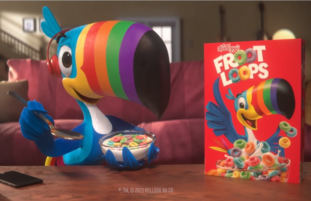 A CGI Toucan Sam holds a bowl of Froot Loops in one wing/hand, a spoon in the other. It's a musically themed ad, so he wears headphones.