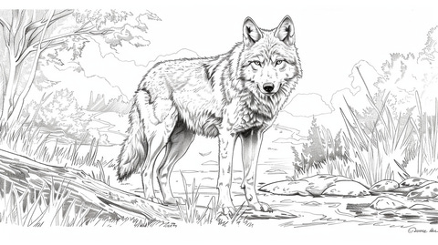 White wolf basic coloring page with a forest background. Very detailed coloring for adults.