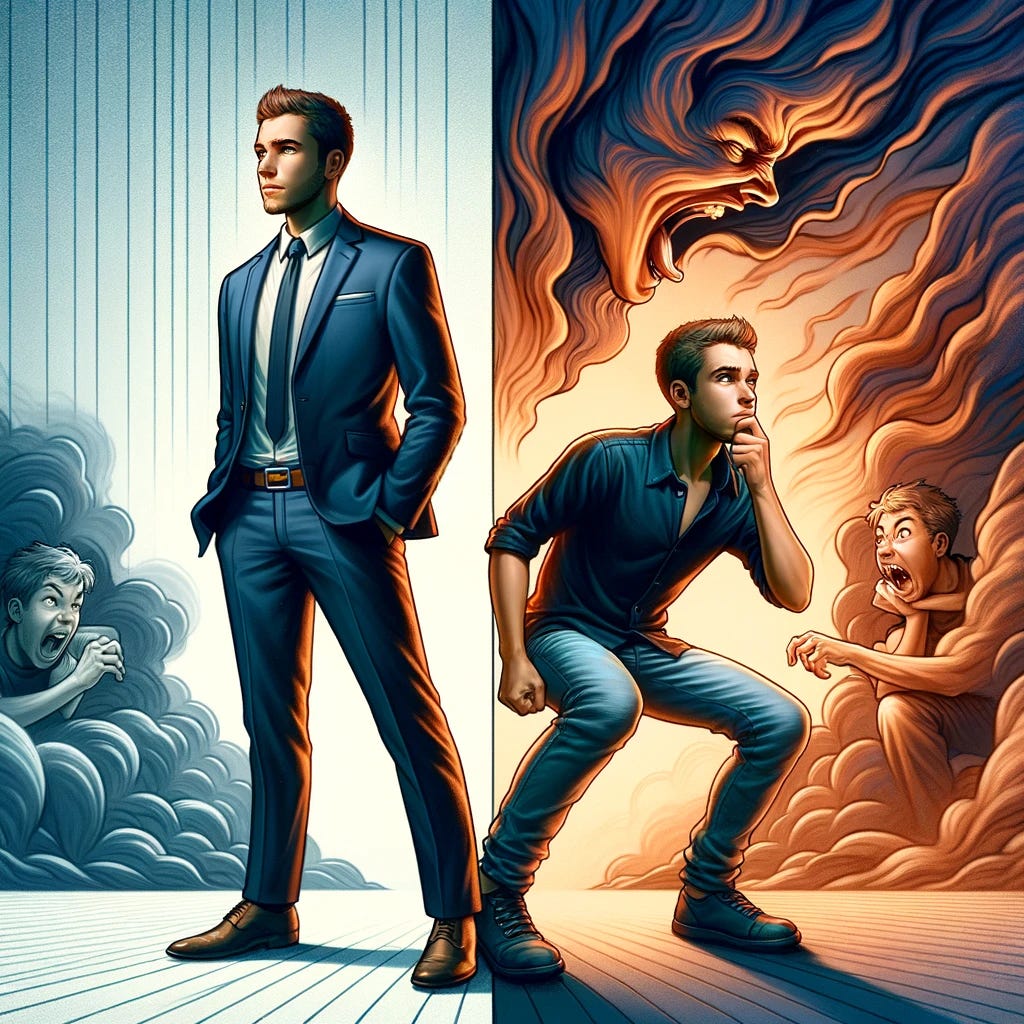 A thought-provoking image depicting the concept of self-discipline versus impulsiveness, inspired by the philosophical themes. The image shows two contrasting figures: on one side, a calm, composed man, dressed in a suit, standing confidently and looking thoughtful, representing self-control and discipline. On the other side, a younger, more restless boy in casual clothing, looking agitated and impulsive, symbolizing lack of discipline. The background is split into two, with one side orderly and serene, and the other chaotic and disordered.