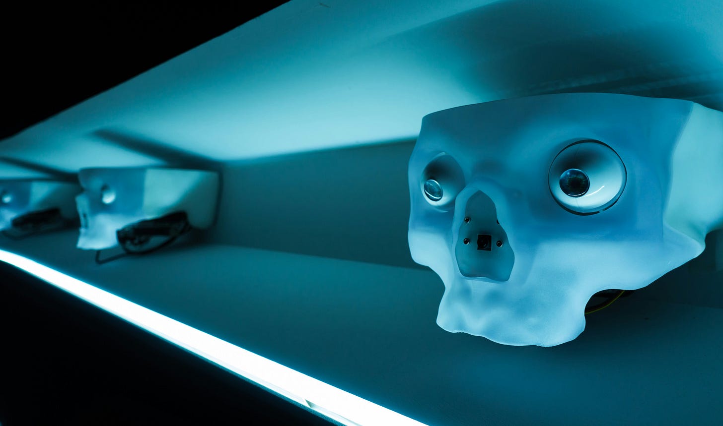 Blue skull-looking models on a blue shelf with surreal lights Blue skull-looking models on a blue shelf with surreal lights
