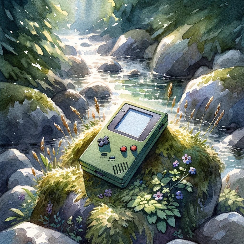 Watercolor painting of a contemporary Pokedex amid a natural setting, placed on a rock surrounded by moss and small wildflowers. The Pokedex itself is a subdued shade of green, blending with the environment, its screen showing a gentle glow. A small stream can be seen in the background, with light reflecting off the water and dappling through the leaves of the trees overhead, creating a serene atmosphere.