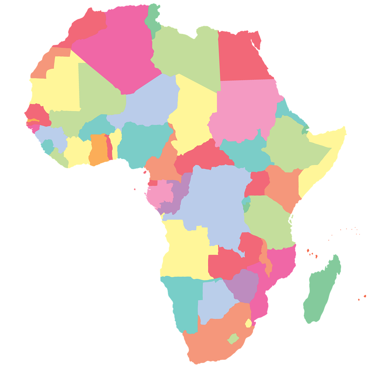 colorful map of African continent and Madagascar. Countries appear in different pastel colors.