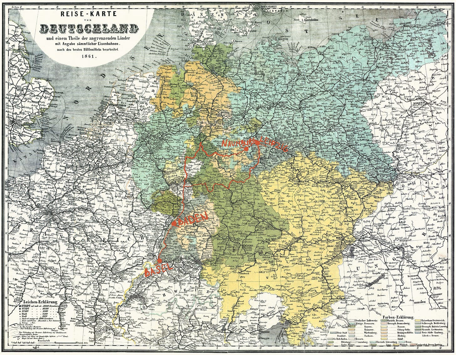 Railway Map of Germany, 1861, with Nietzsche's potential travel routes in red