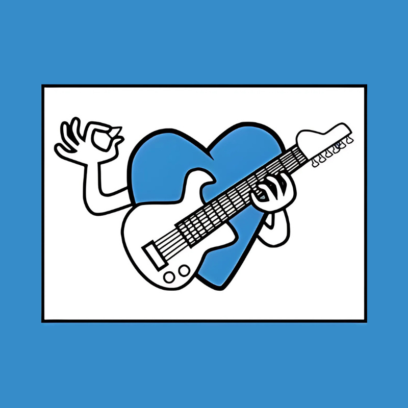 Cartoon of a blue heart playing an electric guitar, with arms extending from the heart and fingers forming a chord and a hand gesture. The background is white with a blue border.