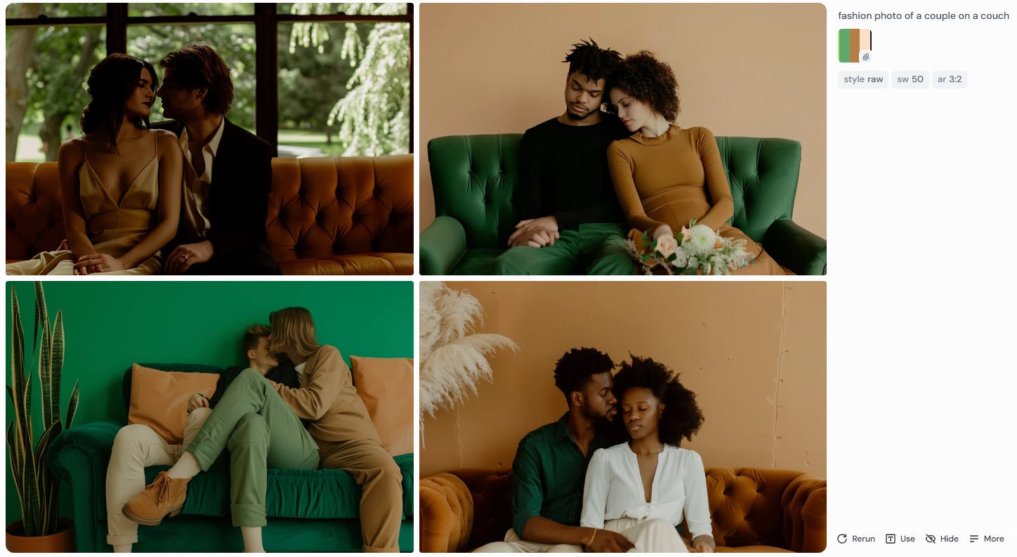 Fashion photos of couples on a couch using a different color palette