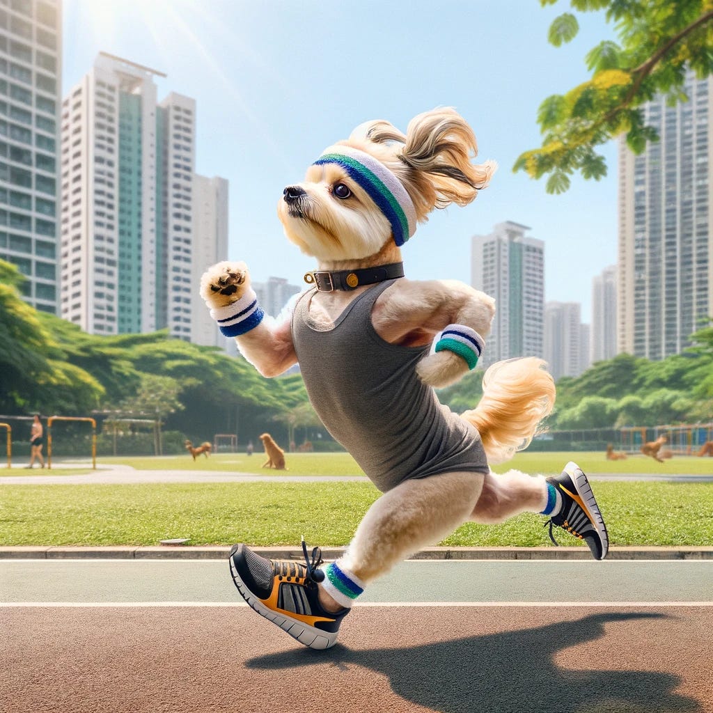 Imagine a whimsical scene where a single dog is running on its hind legs like a human, dressed in athletic gear. This dog is wearing a pair of sneakers and a sporty headband, sprinting through a city park. It's a bright and sunny day, and the park is filled with greenery, but no other dogs or people are in sight. The dog has an expression of sheer determination and joy, as if it's truly enjoying the run, embodying both the spirit of athleticism and a touch of human-like humor.