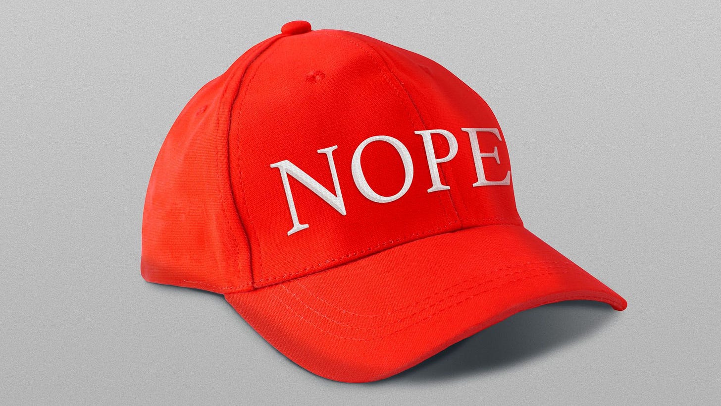Illustration of a red Maga-like baseball cap that reads 