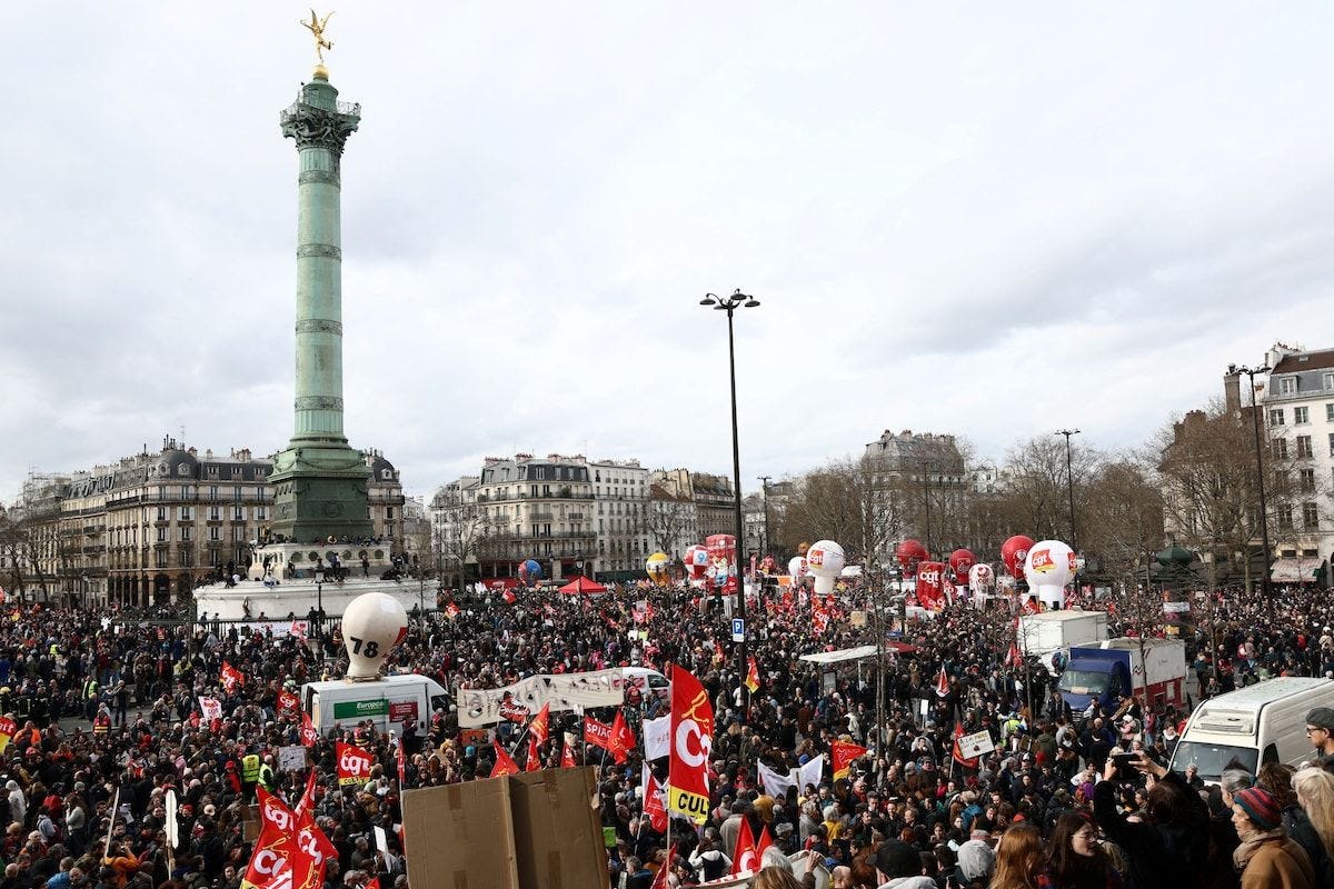 Protesters gather on the Place de la Bastille in Paris yesterday. (Yves Herman/Reuters)