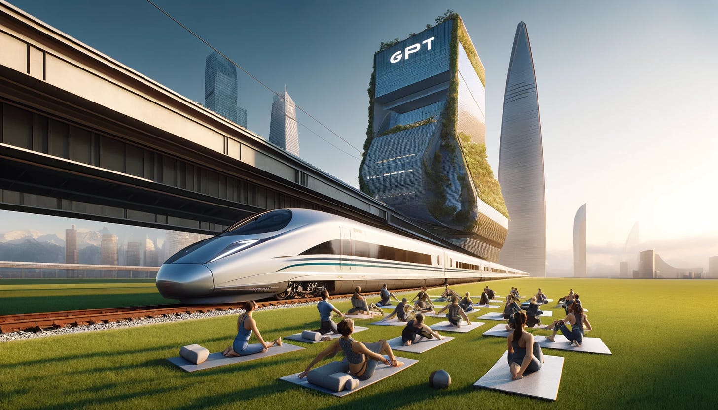 A futuristic scene featuring a sleek, high-speed train speeding through a landscape with a towering, modern building labeled 'GPT' in the background. In the foreground, a group of people of diverse ethnicities are engaged in a pilates session on mats spread out on a grassy field. The scene combines elements of technology, architecture, and fitness in a harmonious and dynamic composition.
