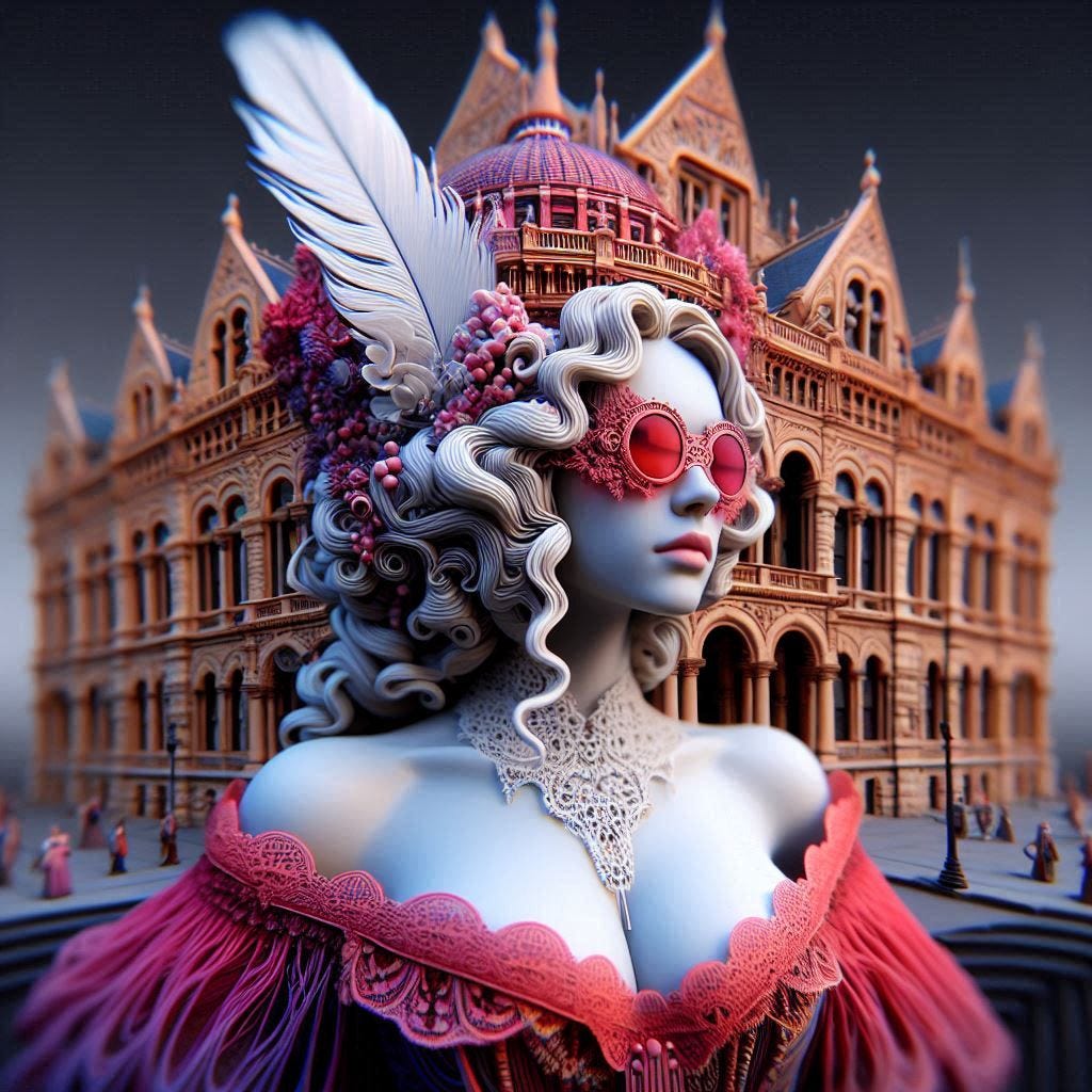 hyper realistic tiltshift 5d angle glass embedded RED Altgeld hall building with neon pink, tint of pink and cream, and olive oil in it / woman wearing red,pink,midnightblue, white Victorian bust / white feather scarf/ psychadelic steampunk headdress/water in resin/soft, beautiful/ honey-wood and copper/ Marquetry, verdigris./ standing on stage/ people dancing in distance/ In the style of Michael Parkes. black etching/ black linework/ white tiger / black sky 