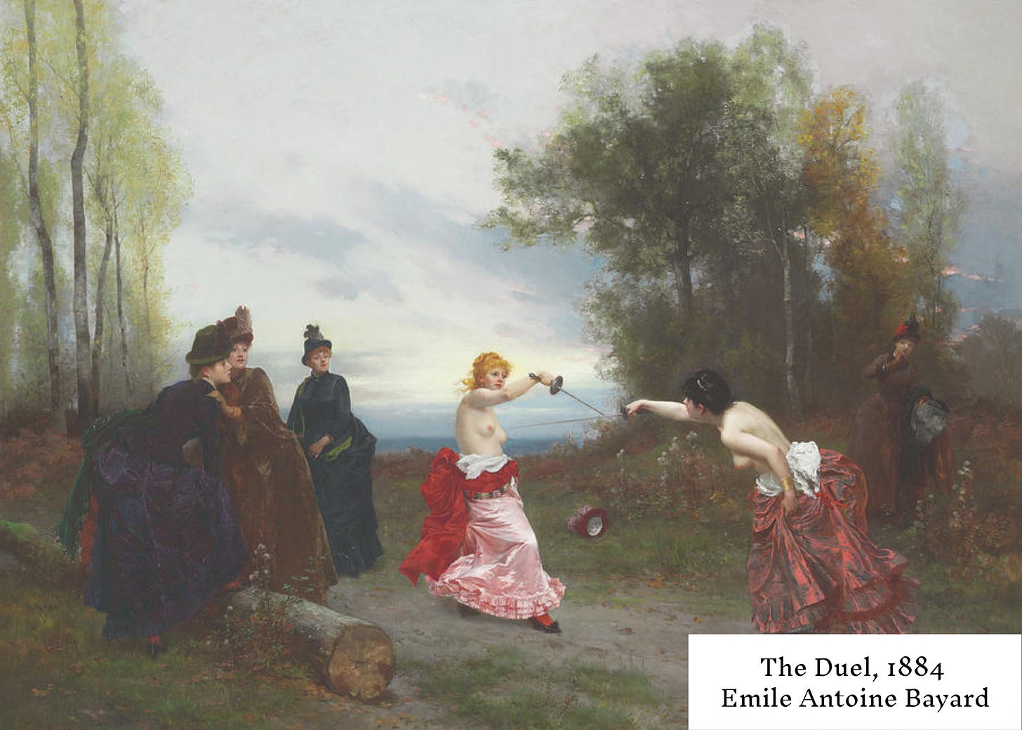 This painting depicts a duel between two women, likely from the upper class, engaged in a sword fight with rapiers. The setting is the Bois de Boulogne, a famous Parisian park known for its association with duels. The women are dressed in fashionable clothing, with their upper torsos bare to avoid clothing contamination from potential wounds (!) 