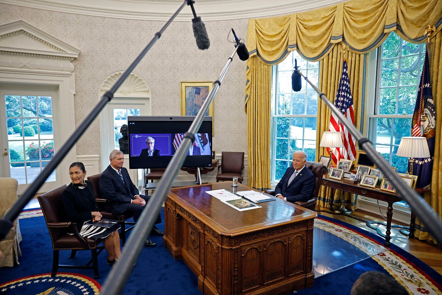 U.S. President Joe Biden prepares to speak to reporters about the government response to the ongoing wildfire season during a briefing in the Oval Office at the White House on September 17, 2024 in Washington, DC. Biden heard from Interior Secretary Deb Haaland, Agriculture Secretary Tom Vilsack, Oregon Governor Tina Kotek, California Governor Gavin Newsom and others. (Photo by Chip Somodevilla/Getty Images)