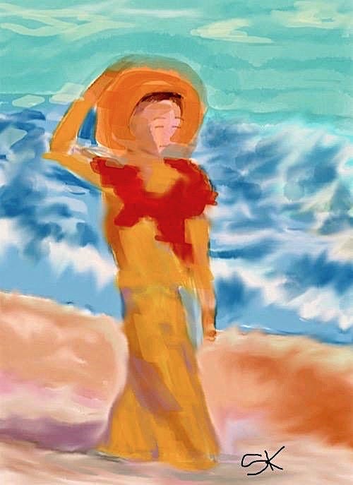 Abstract painting by Sherry Killam Arts of a woman with ochre dress and red scarf walking on a beach with ocean and sky blues.