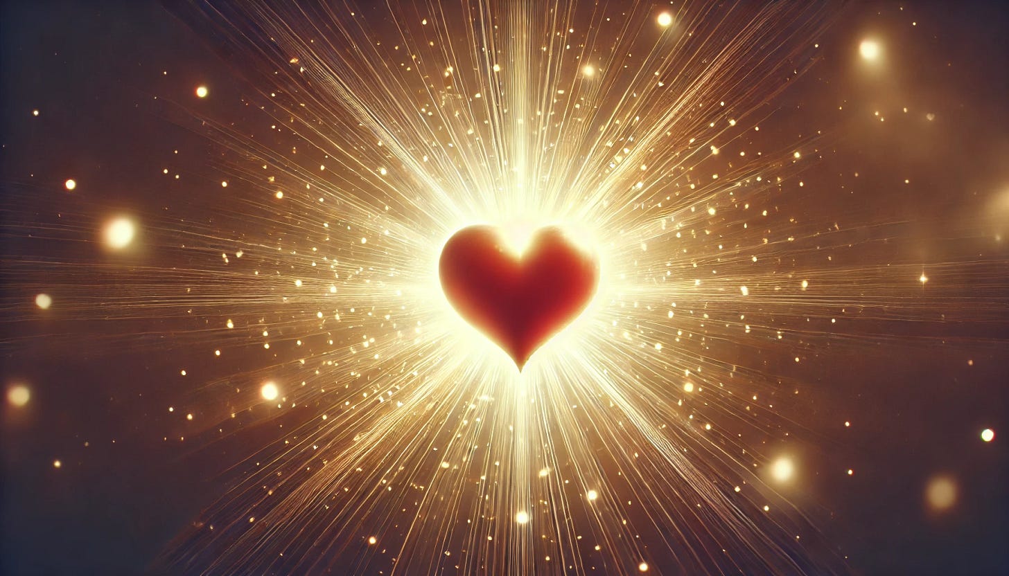 A glowing heart radiating light, symbolizing love, faith, and spiritual transformation. The heart is surrounded by soft golden rays, creating a warm and inviting atmosphere. The image conveys deep peace, divine love, and renewal in Christ.