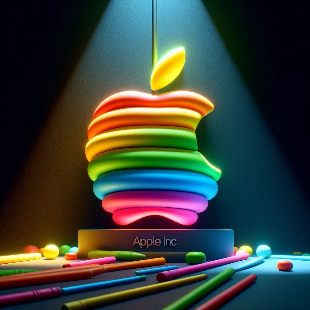 Apple inc - In claymation - Using bright colours - Smooth Image - with 3d Effects with light projecting from the top in a dark room