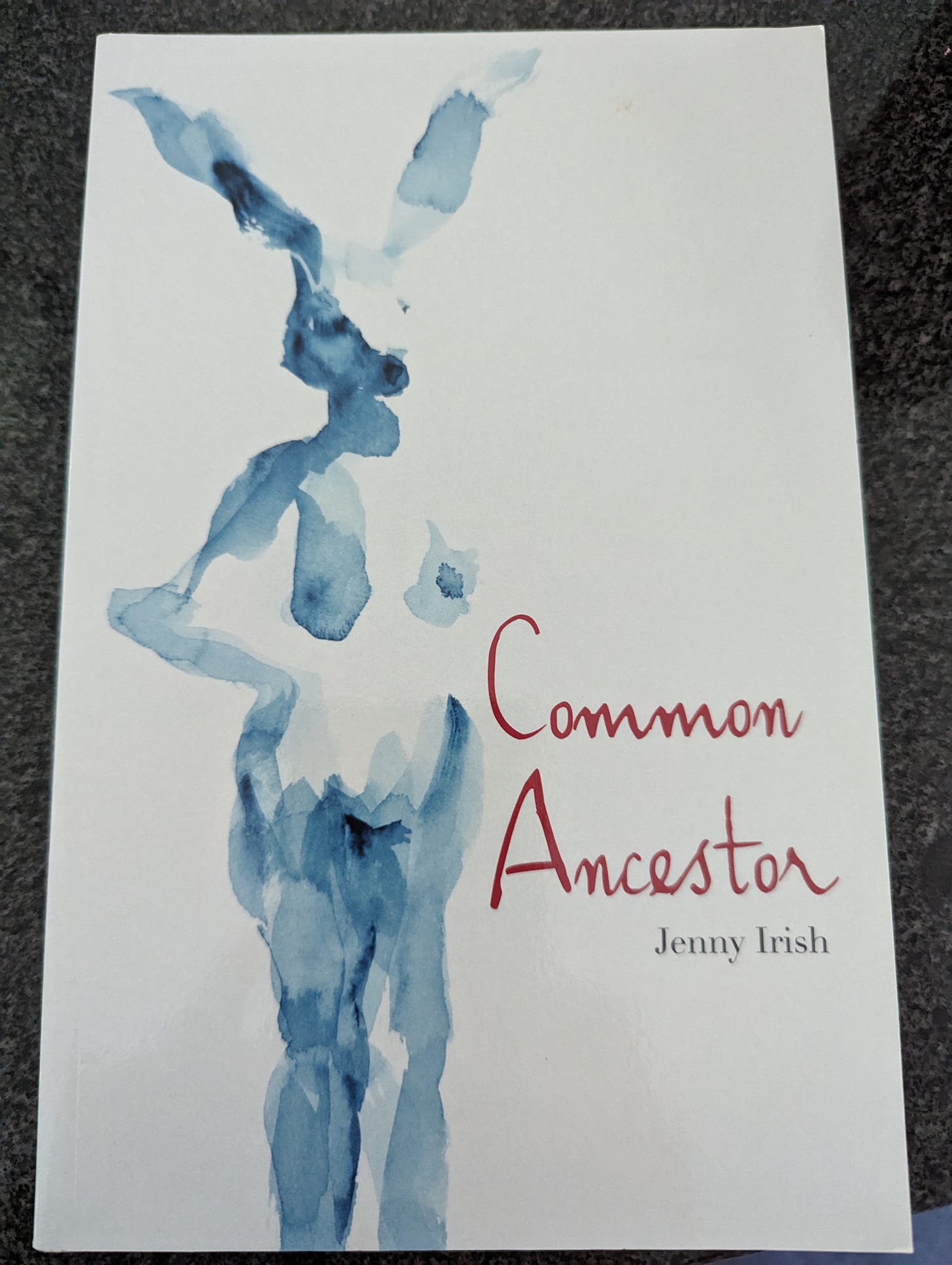 White cover with a painting of a blue rabbit woman with bare breasts - title Common Ancestor in red script