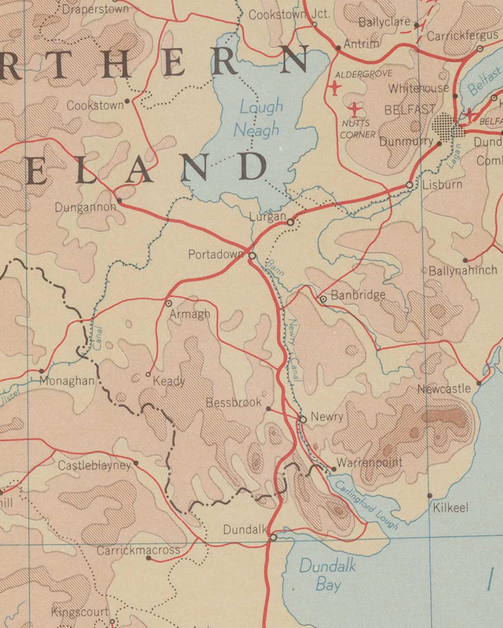 Section of map of Northern Ireland showing County Armagh and the waters that border it north and south. Section of map of Northern Ireland showing County Armagh and the waters that border it north and south.