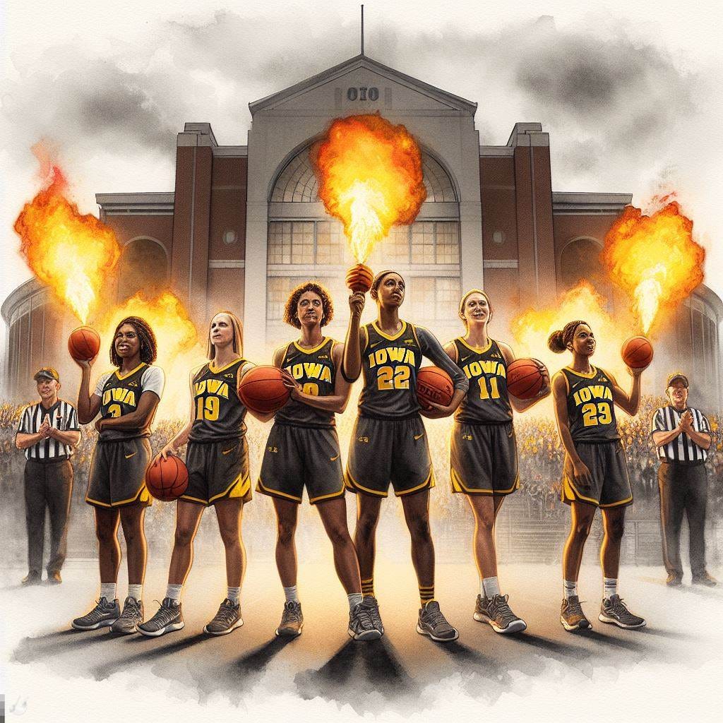 Iowa women's basketball team standing in front of Ohio Stadium holding basketballs and flamethrowers, watercolor