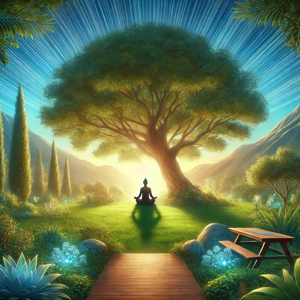 A serene and inspiring image depicting inner peace over material wealth. The scene includes a tranquil garden with a meditative person sitting peacefully under a large, beautiful tree, surrounded by lush greenery. The background features a clear blue sky and distant mountains, symbolizing the vastness and depth of inner peace. This image conveys a sense of tranquility and contentment, illustrating the concept of finding true happiness in simplicity and inner fulfillment, rather than in material possessions.