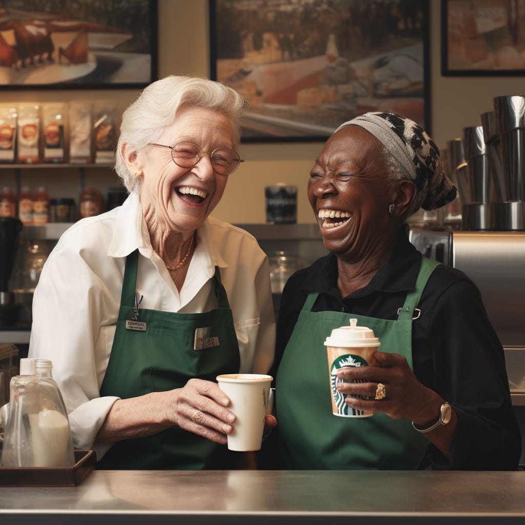 Two elderly women laughing on the job as baristas