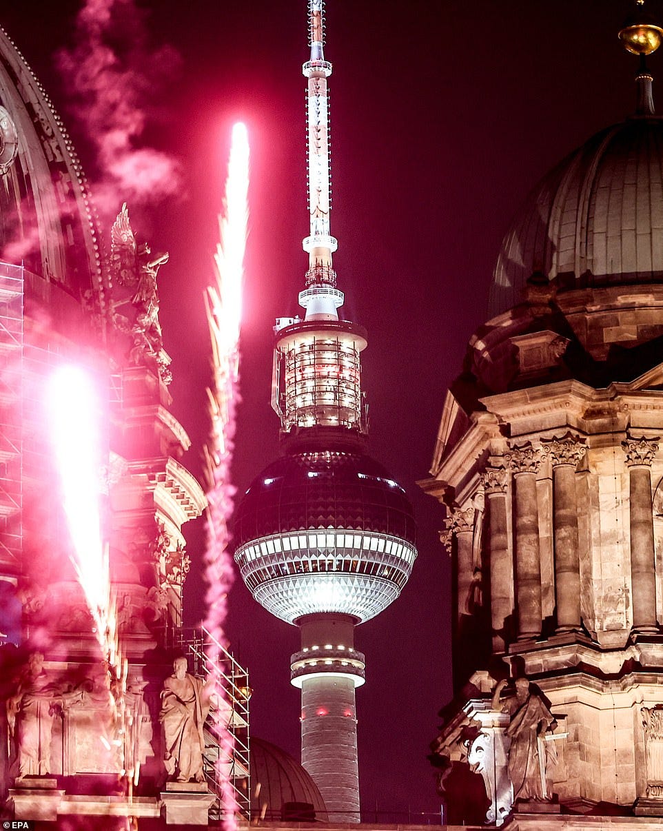 BERLIN: Fireworks are set off next to Berlin TV Tower and Berliner Dom during New Year's Eve celebrations in Berlin, Germany