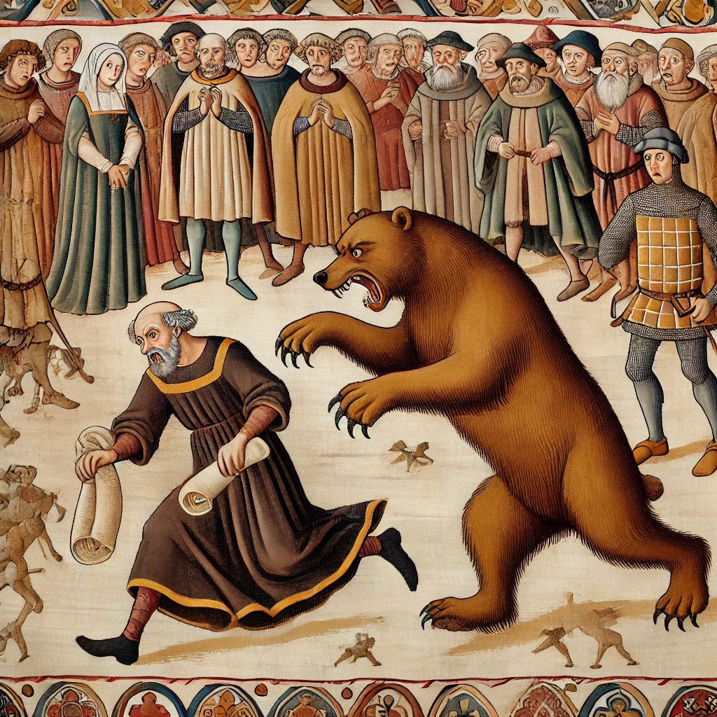 A medieval tapestry scene depicting a genealogist being chased by a large, ferocious bear. The genealogist, dressed in simple medieval clothing, is running in terror, clutching a rolled-up parchment. The scene includes numerous other figures standing around in a medieval town square, dressed in period-appropriate attire with tunics, cloaks, and pointed shoes, watching the chase but doing nothing to help. The figures have passive expressions, and the scene is woven in the traditional tapestry style, with earthy colors, intricate patterns, and a border framing the chaos in a humorous, medieval way.