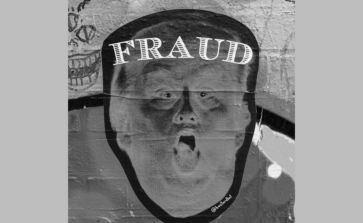 Image of Trump's face with his mouth wide open and the word "FRAUD" written above it