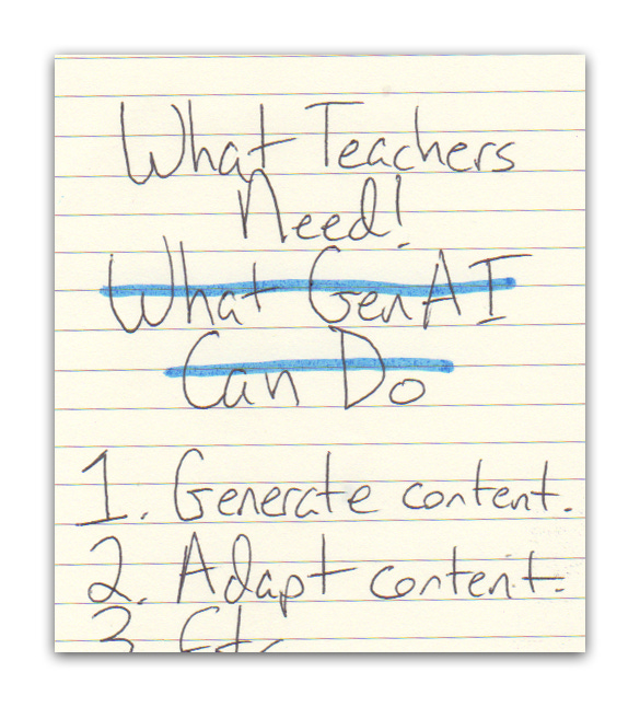 A piece of paper has What GenAI Can Do written above "Generate content" and "Adapt content" and then the headline is scratched off with "What Teachers Need" written above.