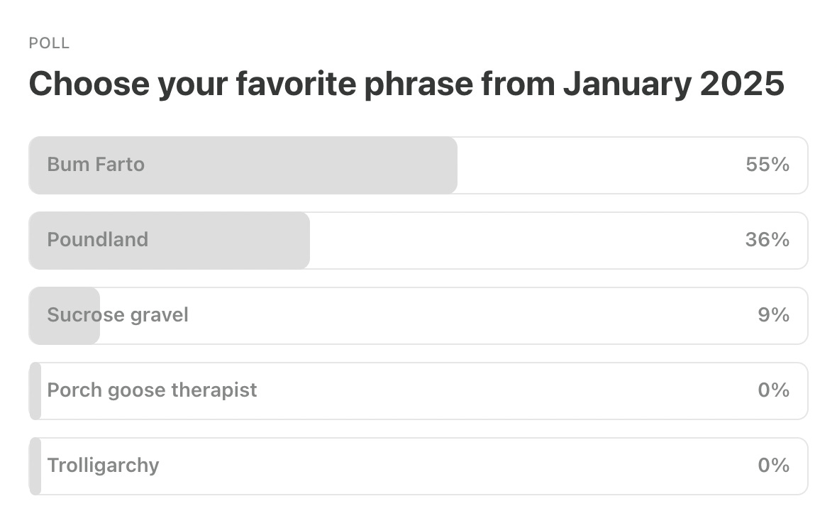Screenshot of January poll results showing Bum Farto, Poundland, Sucrose gravel, Porch goose therapist, and Trolligarchy voting results. Bum Farto won by a lot.