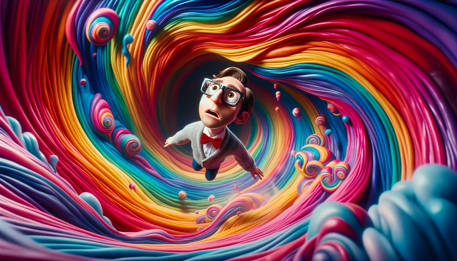 A high-quality movie still from a stop-motion film, featuring a nerd with glasses falling down a psychedelic rainbow rabbit hole. The nerd is depicted with exaggerated facial expressions, surrounded by swirling, vivid colors that create a surreal, dreamlike atmosphere. This whimsical scene captures the essence of a fantastical journey, with the nerd's descent into the rabbit hole symbolizing a plunge into an unknown, vibrant world.