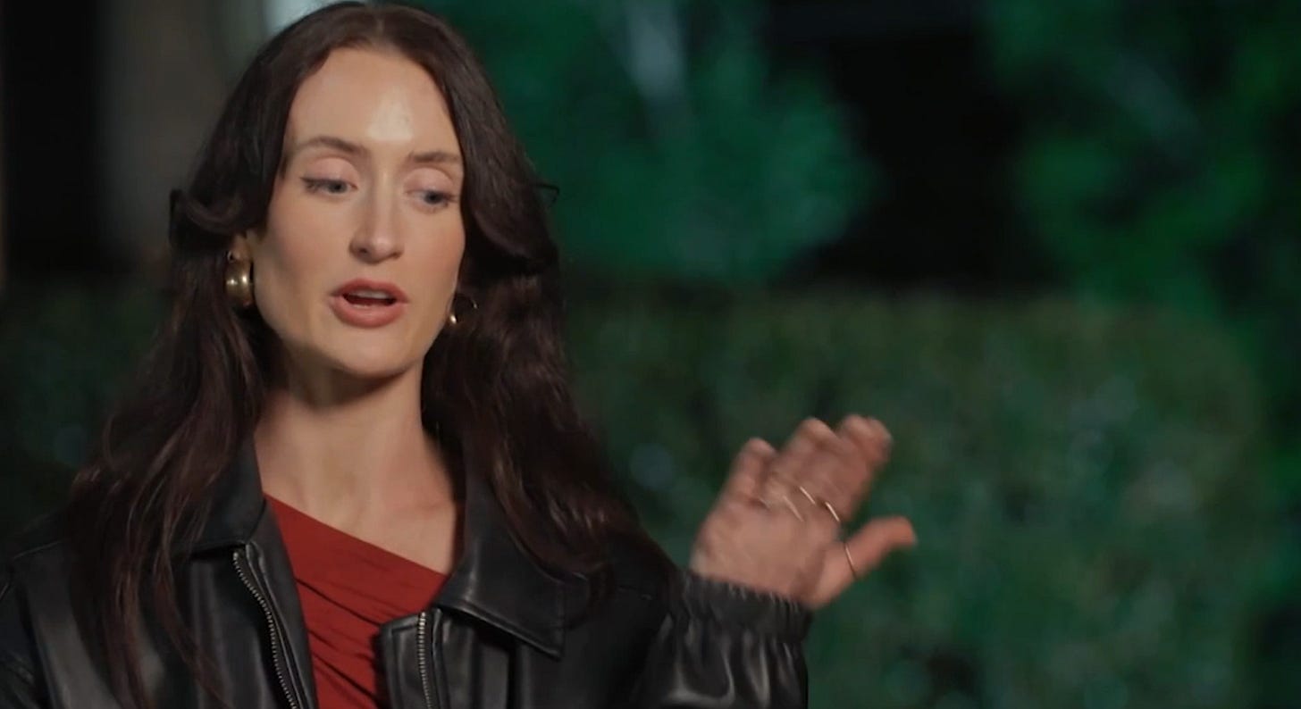 Beth from MAFS 2025 gestures while speaking during an outdoor conversation at night