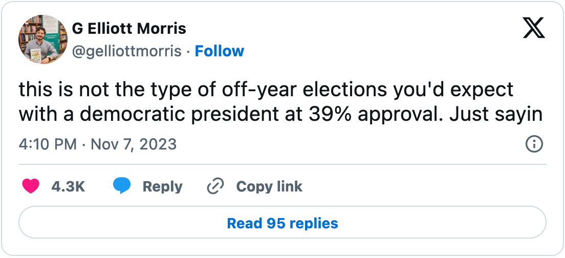 November 7, 2023 tweet from G. Elliott Morris reading, "this is not the type of off-year elections you'd expect with a democratic president at 39% approval. Just sayin"