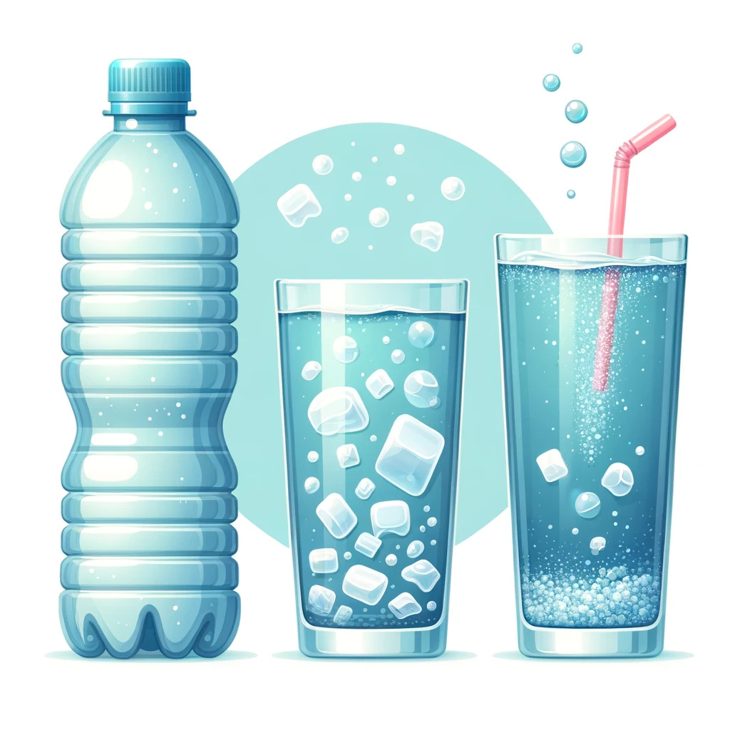 Illustration of plastic water bottles alongside a glass of drinking water, with microplastics visibly floating in the water. The image should emphasize the connection between plastic water bottles and the presence of microplastics in drinking water, highlighting the concept of microplastics transferring from plastic containers to the water we consume.