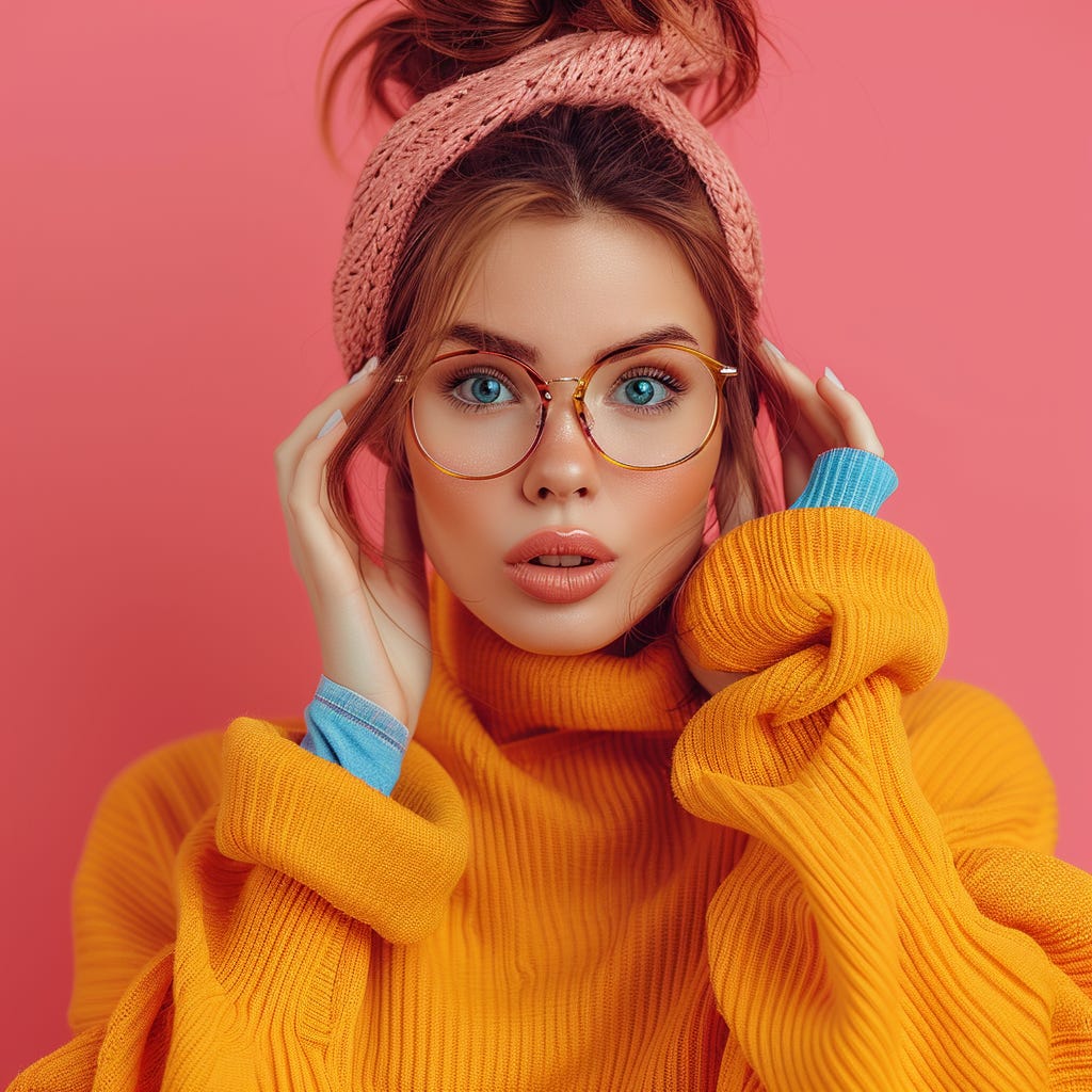 A white young woman, a writer, being curious, looking through a lens, with vivid color clothes wearing reading glasses, wearing contrasting vivid color accessories isolated on vivid contrasting colorful background with space. Colors: pink, color code #e11a72