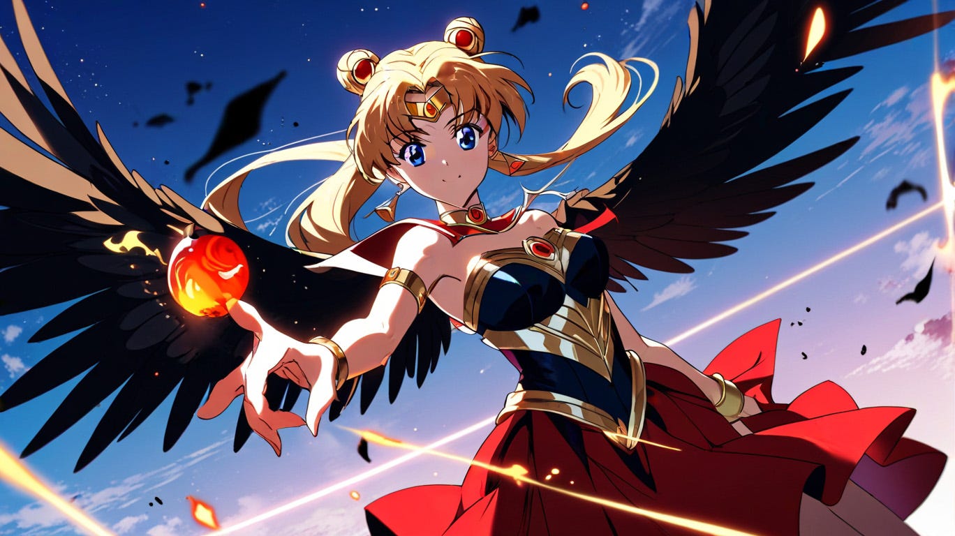 ilustración estilo manga de una heroina alada en el cielo