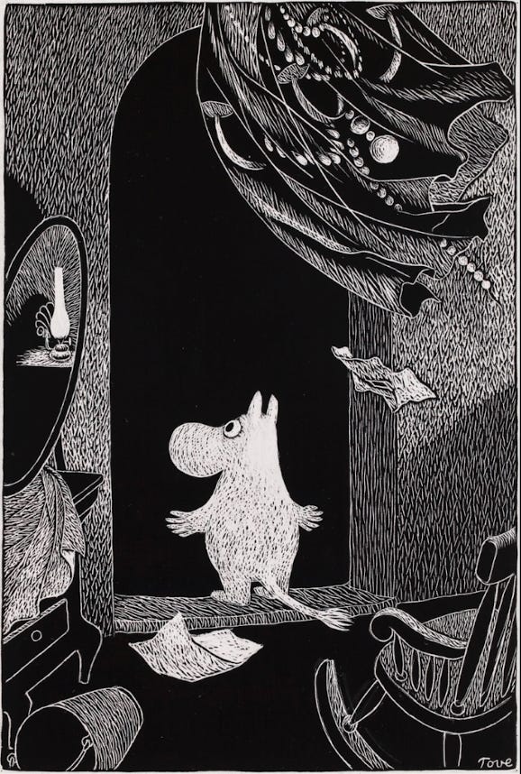 A black and white etching of a Moomin troll standing in a dark doorway while wind pulls the curtains and sends papers flying around the room.