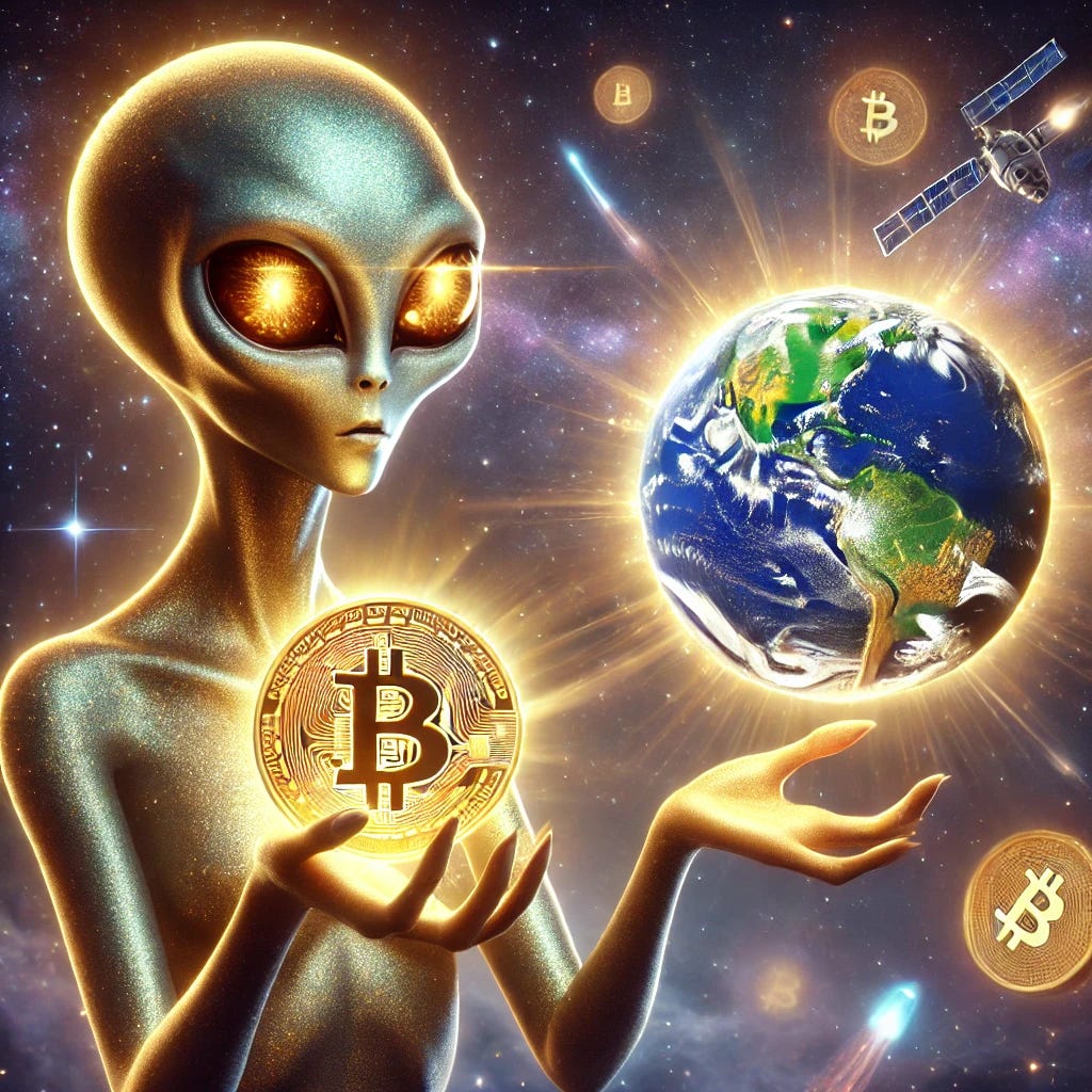 A beautiful, ethereal alien with glowing skin and large, mesmerizing eyes, hovering in space, holding a shining Bitcoin symbol in their hands. The alien is extending the Bitcoin toward Earth, depicted as a glowing globe in the background. The scene is cosmic, with stars and nebulae surrounding the alien. The Bitcoin symbol is glowing golden, with rays of light emanating from it as if being injected into the Earth's atmosphere. The overall mood is mystical and futuristic.