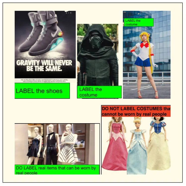 A collage of images with instructions in green or red boxes under each image to label certain items such as shoes, costume, and real items that can be worn by real people and to not label costumes that cannot be worn by real people