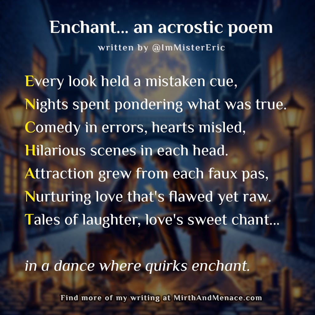 An AI generated image (from the poem itself) that shows Two laughing individuals share a tender moment, touching hands over an upside-down map, under a moonlit, lantern-lit romantic setting. Used for cover art of the poem, "Enchant... an acrostic" written by Eric Montgomery, March 2024 (mirthandmenace.com)